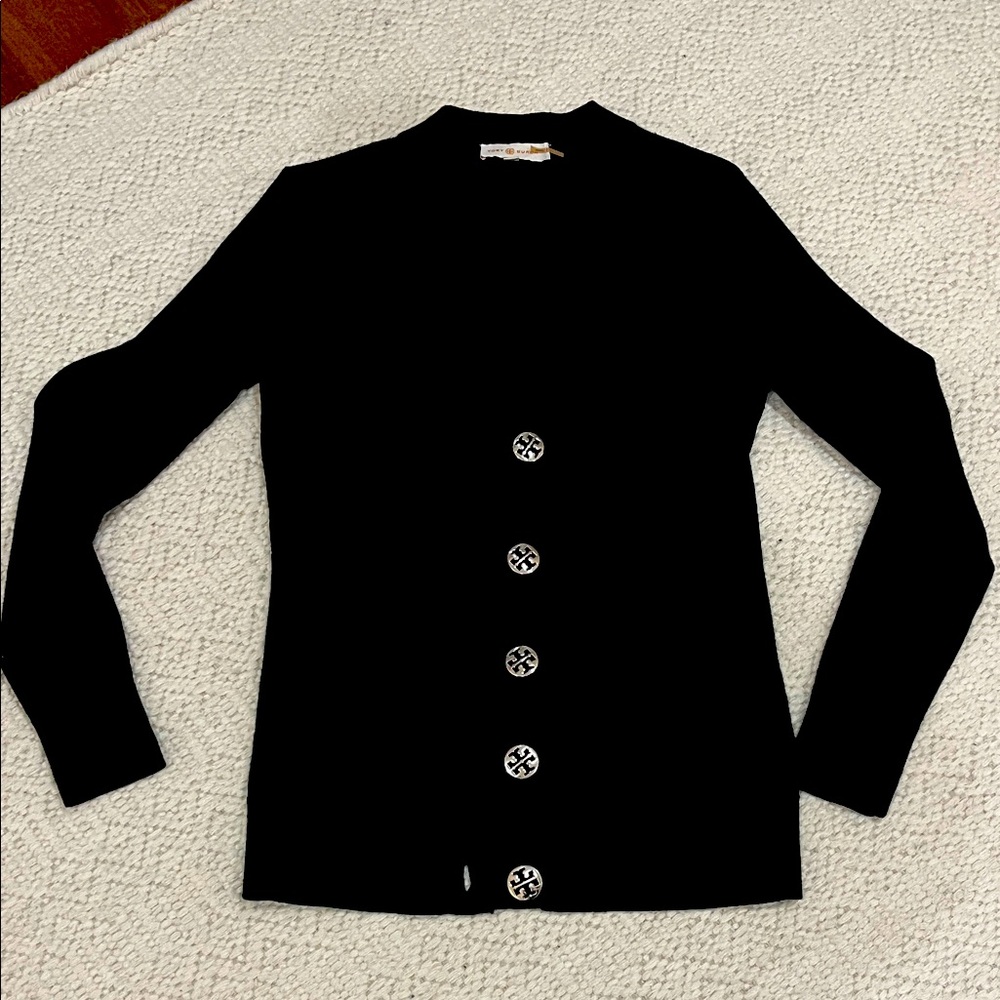 Tory Burch Black Button-Front Logo Cardigan